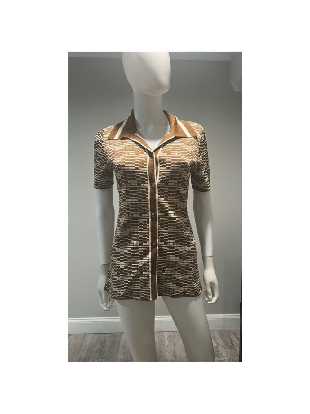 ALEMAIS Brown & White Stefanie Knit Button Down Shirt, Size 6 - Picture 11 of 14